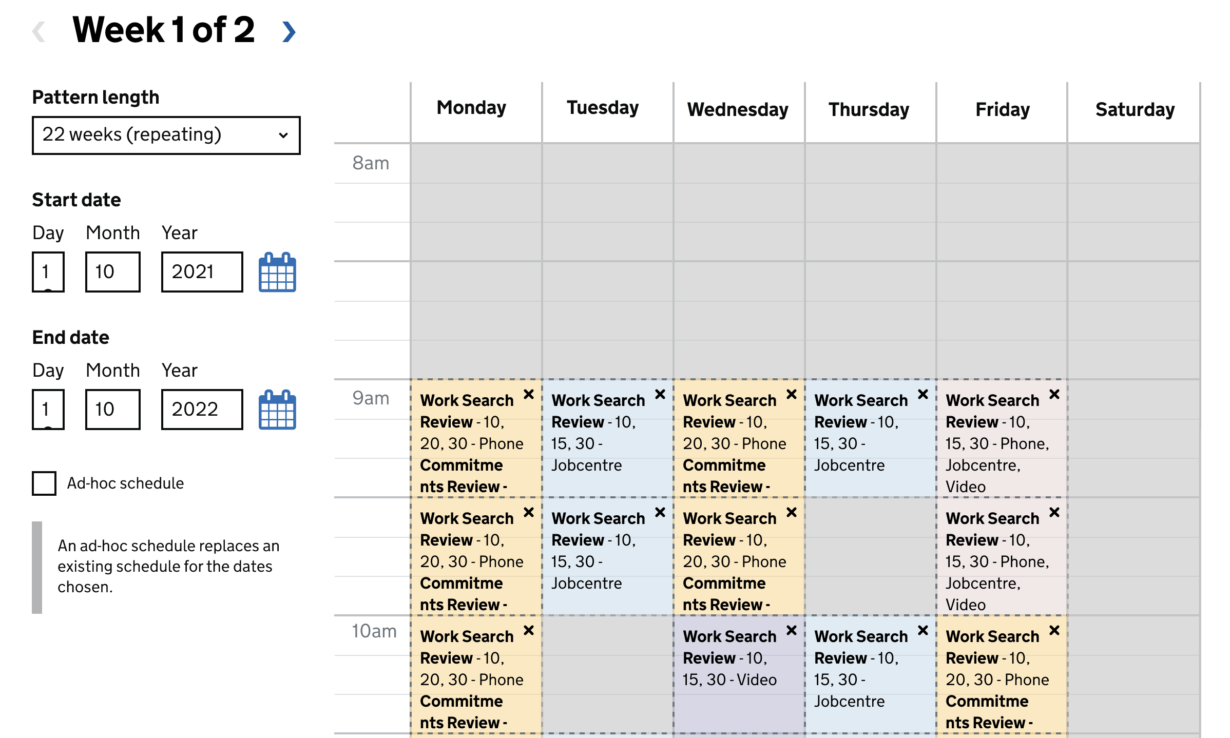 DWP diary management interface